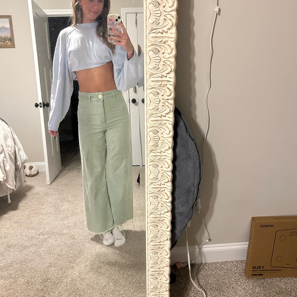 Zara ZW High-Waisted Marine Light Green Straight Jeans